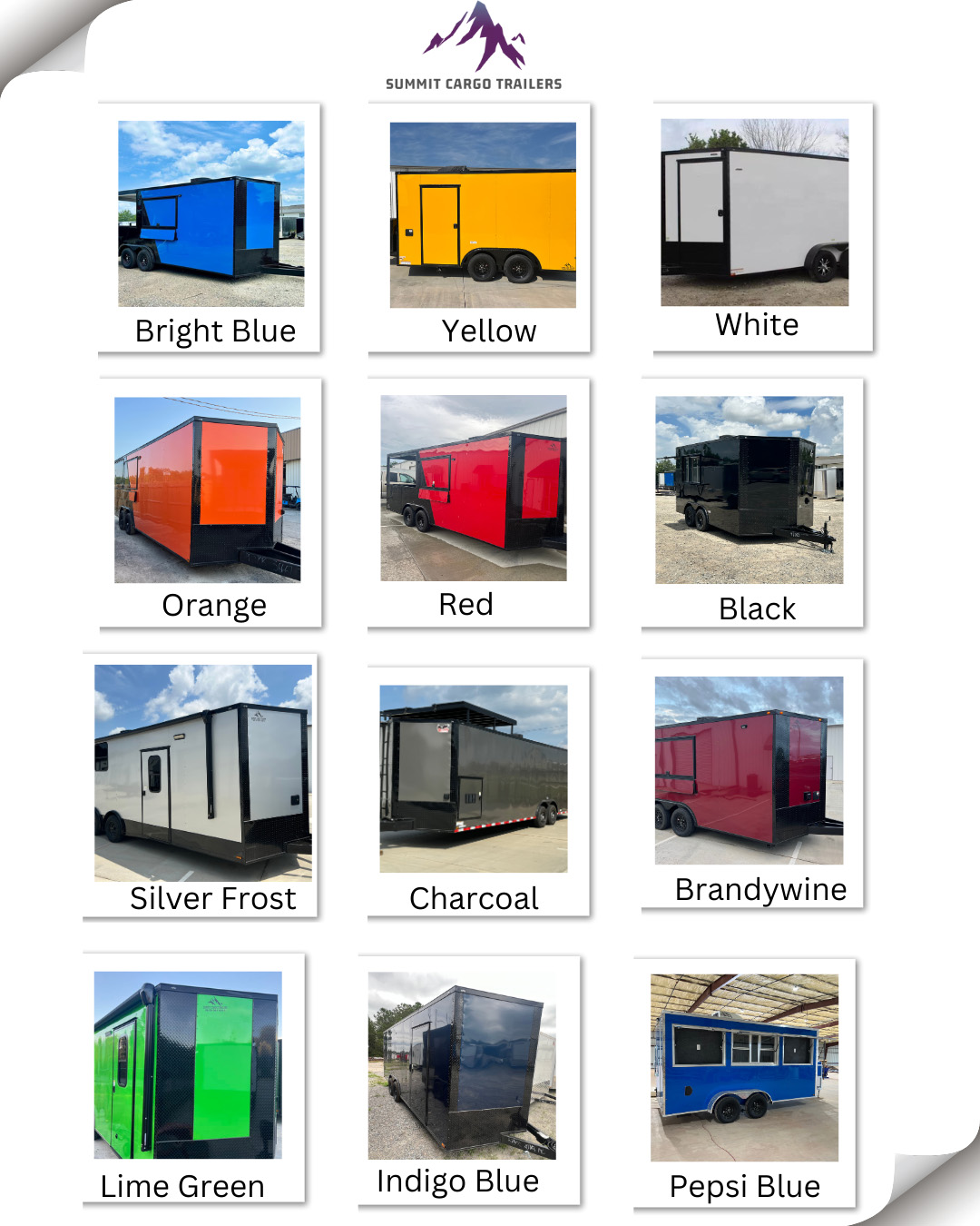 The image displays a collage of variously colored trailers with different designs and features, such as windows and doors, presented against a backdrop of a clear sky.