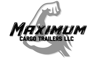 The image features a logo with a stylized fist and the text  MAXIMUM  prominently displayed above a smaller text  CARGO TRAILERS LLC,  which is associated with a company that specializes in cargo trailers.